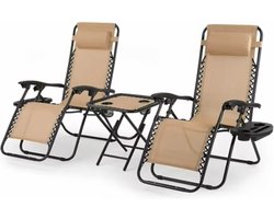 Opvouwbare stoel verstelbare stalen gaas - Zero Gravity lounge stoel - Fauteuils met kussens en bekerhouder - Beige - 2 Stuks