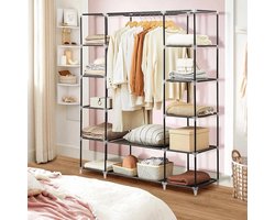 Opvouwbare stoffen kledingkast 150×45×175 cm – Stevig metalen frame – 12 opbergvakken & kledingroede – Ademend non-woven textiel – Eenvoudig te monteren – Zwart