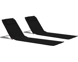Opvouwbare strandmat, 2 stuks, staal en stof, zwart, opvouwbare ligstoel met rugleuning en opbergvak, voor strand, camping, terras