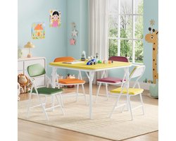 Opvouwbare tafel- en stoelenset voor kinderen – Bekleed met PU-leer, zacht gecapitonneerd, stevig metalen frame, opvouwbaar, ideaal voor eten, knutselen en de speelkamer – 5-delig, kleur, 1 tafel + 4 stoelen