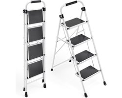 Opvouwbare Trap - Huishoudtrap Keukenladder - Veilig Klussen - Met Handgreep - 4 Treden - Wit