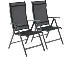 Opvouwbare tuinstoel set 2-delig Buitenstoel Opvouwbaar ontwerp voor gemakkelijke opslag Stevig en duurzaam metalen frame Rugleuning in 8 posities verstelbaar Maximale belasting 120 kg 56 x 70 x 106 cm Zwart