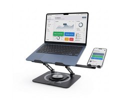 Opvouwbare verstelbare laptop standaard - Ergonomisch en roteerbaar - Tablet standaard - Met telefoonhouder - Antislip en krasbestendig - Laptophouder en verhoger - Zwart - Verbeterde luchtcirculatie