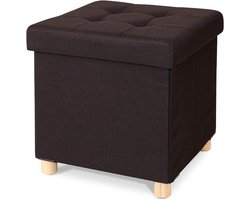 Opvouwbare Voetenbank met Opbergruimte en Houten Poten, Linnen, 38x38x38 cm, Bruin