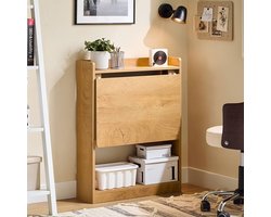 Opvouwbare Wandcomputertafel met Planken – Natuurlijke Afwerking – 64 x 58 x 82 cm – Bureau & Opbergoplossing – Kantelbeveiliging