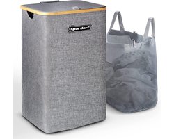 Opvouwbare wasmand 100 liter - XXL wasverzamelaar met deksel en waszak - Grote grijze wasbox met dubbele handgreep