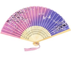 Opvouwbare Zijden Handwaaier Roze Groen met Kersenbloesem - Chinese Stijl & Tassels