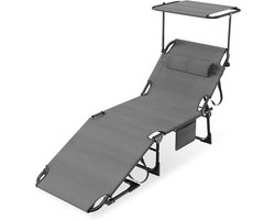 Opvouwbare Zonligstoel - Met Zonnedak - Verstelbare Rugleuning - Ergonomisch - Tuinligstoel - Metalen Frame - Oxford Stof - Draagbaar - Ligstoel - Voor Camping, Strand, Balkon En Kantoor - Zwart - NAIZY