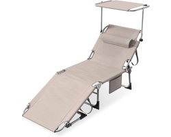 Opvouwbare Zonligstoel - Met Zonnedak - Verstelbare Rugleuning - Ergonomisch - Tuinligstoel - Metalen Frame - Oxford Stof - Draagbaar - Ligstoel - Voor Camping, Strand, Balkon En Kantoor - Khaki - NAIZY