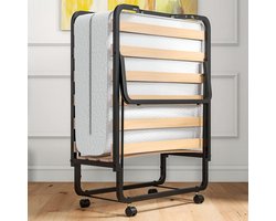 Opvouwbed met Matras - Traagschuim 10cm - Stevig Metaal Frame - 15 Houten Latten - 227kg - Zwenkwielen - Ruimtebesparend - Veelzijdig - Zwart