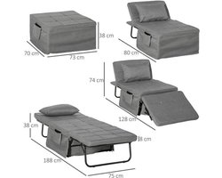 Opvouwbed – Vouwbed – Opklapbed – Logeerbed – Eenpersoonsbed – 8 cm Matras – 5-standen Verstelbare Rugleuning – Stabiel Stalen Frame – Grijs – 188x75x38 cm