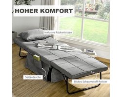 Opvouwbed – Vouwbed – Opklapbed – Logeerbed – Eenpersoonsbed – 8 cm Matras – 5-standen Verstelbare Rugleuning – Stabiel Stalen Frame – Grijs – 188x75x38 cm