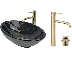 Opzetwastafel met kraan - Wastafel armatuur set - Badkamer vernieuwen - Zwart marmer glans - 55x415x14 cm - Goud glans