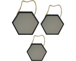 Orange85 Spiegel - Hexagon - Set 3 Delen - Zwart glas - Touw