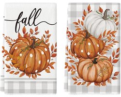 Oranje Buffalo Plaid Leaves Pumpkin Fall Keukendoeken Theedoeken, 40x60cm Boerderijdecoratie Handdoekenset van 2