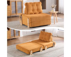 Oranje cord slaapfauteuil - uitklapbare slaapbank - klapbare eenpersoonsbank - houten poten - Scandinavisch design - ideaal voor kleine appartementen en slaapkamers