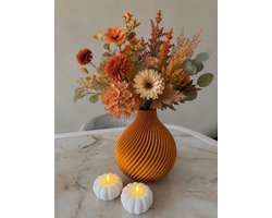 Oranje Design Home Decoratieset - Vaas 24 cm Waterdicht met 2 Waxinelichthouders - 3D-Geprint Geribbeld Design - Herfstdecoratie