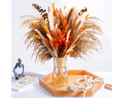 Oranje Droog Riet Boeket met Konijnstaart Rietgras en Eucalyptus - Natuurlijke Bloemen Inrichting voor Bohemische Platteland Bruiloft, Boerderij Huis Eettafel & Feestdecoratie