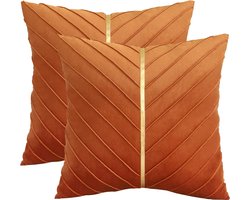 Oranje fluwelen kussenhoezen, 45 x 45 cm, 2 stuks decoratieve bank, luxe moderne kussenhoezen voor woonkamer, slaapkamer, bankkussen, bed met goudkleurig leer