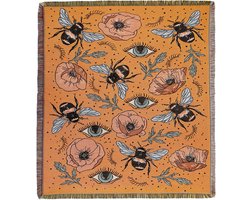 Oranje geweven deken met insecten en bloemen - kleed/wandkleed met print - 130 x 150 cm - jacquard deken - STUDIO Ivana