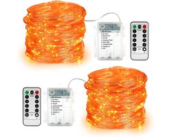 Oranje Halloween-verlichting, 2 sets van 5 meter 50 LED oranje lichtsnoeren, 8 standen op batterijen Halloween-lichtsnoer, zilveren draad twinkelende lampjes voor binnen, geschikt voor Kerstmis, Thanksgiving, feesten en carnavalsdecoraties