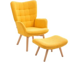 Oranje Oorfauteuil met Hocker 80 x 72 x 101 cm, Relaxstoel, Loungefauteuil, TV Stoel met Armleuningen, Cordlook Bekleding en Houten Poten, Comfortabele Leesstoel voor Woonkamer en Slaapkamer, Belastbaar tot 150 kg