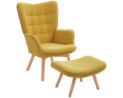 Oranje Oorfauteuil met Hocker 80 x 72 x 101 cm, Relaxstoel, Loungefauteuil, TV Stoel met Armleuningen, Cordlook Bekleding en Houten Poten, Comfortabele Leesstoel voor Woonkamer en Slaapkamer, Belastbaar tot 150 kg