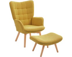 Oranje Oorfauteuil met Hocker 80 x 72 x 101 cm, Relaxstoel, Loungefauteuil, TV Stoel met Armleuningen, Cordlook Bekleding en Houten Poten, Comfortabele Leesstoel voor Woonkamer en Slaapkamer, Belastbaar tot 150 kg