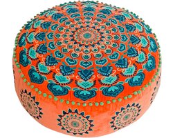 Oranje ronde poefhoes met fluwelen borduursels - Zacht geborduurd vloerkussen met Marokkaans design, 60 cm diameter, ideaal voor de woonkamer, slaapkamer of meditatieruimte