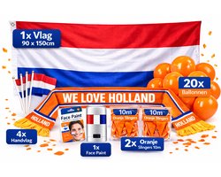 Oranje Versiering - Nederlands Elftal Versiering XL Feestpakket – Complete Oranje Decoratie met Vlag, Handvlaggen, 20 Ballonnen, Face Paint, Sjaal & Vlaggenlijn