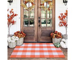 Oranje-wit geblokt vloerkleed - 50*80cm - Herfst voordeur decoratieve mat - Katoen, wasbaar - Handgeweven deurmat - Geschikt voor meerlaagse deurmatten - Portiek/entree mat