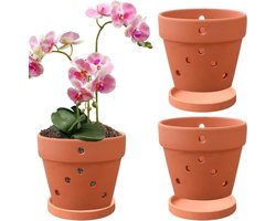 Orchideeën potten - Plantenbakken met schotel - Planten verpotten - Optimale drainage - Set van 3 - Terra Cotta