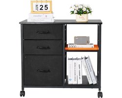 Ordnerkast met 3 Stoffen Laden, Verrijdbare Sokkel met 2 Open Vakken, Opbergkast voor Kantoorbenodigdheden, Printers En Documenten (Zwart, 75 X 40 X 68 Cm)