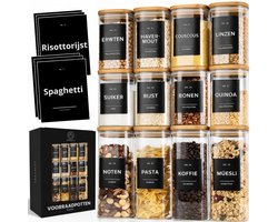 Organess Voorraadpotten Bamboe deksel - 12 Delige set - Glas met deksel - Snoeppot - Glazen voorraadpotten - 4x 800ml & 8x 600ml