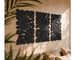 Organisch drieluik - Muurdecoratie - Wanddecoratie - Muurdecoratie woonkamer - Schilderij - Zwart - Muurdecoratie slaapkamer - Abstract - Industrieel - Wanddecoratie hout natuurlijk - Wanddecoratie buiten - Wanddecoratie tuin - Keuken