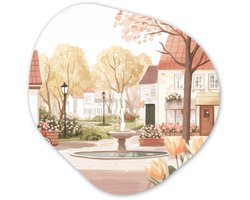 Organische wanddecoratie 40x40 cm - Organisch schilderij Dorpsplein - Fontein - Tulpen - Muurdecoratie woonkamer - Kamer decoratie - Schilderijen - Muurcirkel aesthetic