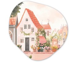 Organische wanddecoratie 60x60 cm - Organisch schilderij Bloemen - Huizen - Dorp - Muurdecoratie woonkamer - Kamer decoratie - Schilderijen - Muurcirkel aesthetic