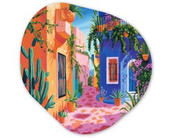 Organische wanddecoratie 60x60 cm - Organisch schilderij Geel - Blauw - Oranje - Huis - Muurdecoratie woonkamer - Kamer decoratie - Schilderijen - Muurcirkel aesthetic