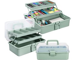 Organizer - Craft organizer - Opbergdoos - Opbergbox - Organizer make up - Portable plastic tackle box - 3-layer storage - Adjustable spacers - Handled folding case - Sewing art supply - Medicine - 33x18x14cm - Green