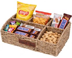 Organizer opbergmand met 3 vakken – trapeziumvormige voorraadmand van zeegras voor snacks, snoep en dranken, multifunctionele snackbox voor keuken, woonkamer of voorraadkamer