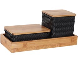 Organizer - Opbergmanden met bamboe deksel en rechthoekige tray - Bureau Organizer - Bureauhouder - Bureau accessoires Set - Set manden met deksel - Handgemaakt - Duurzaam - Organize (F)it ! - zwart - black
