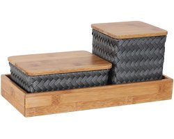 Organizer - Opbergmanden met bamboe deksel en rechthoekige tray - Bureau Organizer - Bureauhouder - Bureau accessoires Set - Set manden met deksel - Handgemaakt - Duurzaam - Organize (F)it ! - donker grijs - dark grey
