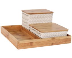 Organizer - Opbergmanden met bamboe deksel en vierkante tray - Bureau Organizer - Bureauhouder - Bureau accessoires Set - Set manden met deksel - Handgemaakt - Duurzaam - Organize (F)it ! - beige- champagne