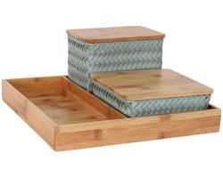 Organizer - Opbergmanden met bamboe deksel en vierkante tray - Bureau Organizer - Bureauhouder - Bureau accessoires Set - Set manden met deksel - Handgemaakt - Duurzaam - Organize (F)it ! - licht groen - eucalyptus