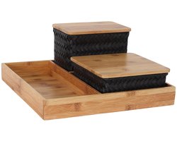 Organizer - Opbergmanden met bamboe deksel en vierkante tray - Bureau Organizer - Bureauhouder - Bureau accessoires Set - Set manden met deksel - Handgemaakt - Duurzaam - Organize (F)it ! - zwart - black
