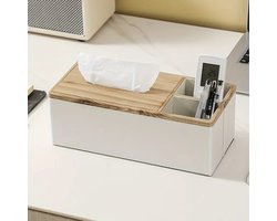 Organizer - Tissue Box - Tissuebox houder - Tissue box vierkant - Multifunctionele organizer - Bureau-opbergruimte pennenhouder - Houtachtige textuur - Voor woonkamer - Kantoor - Salontafel - Cadeau-idee - Wit