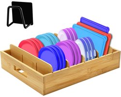 Organizer voor Potten en Pannen - Keuken Inrichting - Potdekselhouder met Sponshouder - Bamboe - Verstelbare Verdelers - Geschikt voor Keuken en Badkamer - Naturel Kleur - Ruimtebesparende Hulp in Huis - Multifunctionele Organizer met Bamboe Deksel