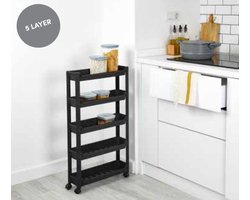 Organizers - keukentrolley smal - keukenrek - opbergrek - voorraadrek - badkamerrek op wielen - Zwart - 5 Laags