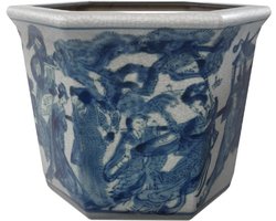 Oriental Meubel Bloempot - Porselein - Blauw En Wit - Decoratieve Pot Voor Binnen - Klassiek Oosters Design - Ronde Plantenpot Voor Woonkamer - Eetkamer - Set Van 1