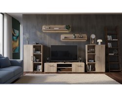 Orion Luxe Woonwand – Complete Moderne Woonkamerkast Set met TV-Meubel, Dressoir, Hoge Kasten & Wandplanken – Sonoma Eiken – Industrieel & Tijdloos Design Medahomestore